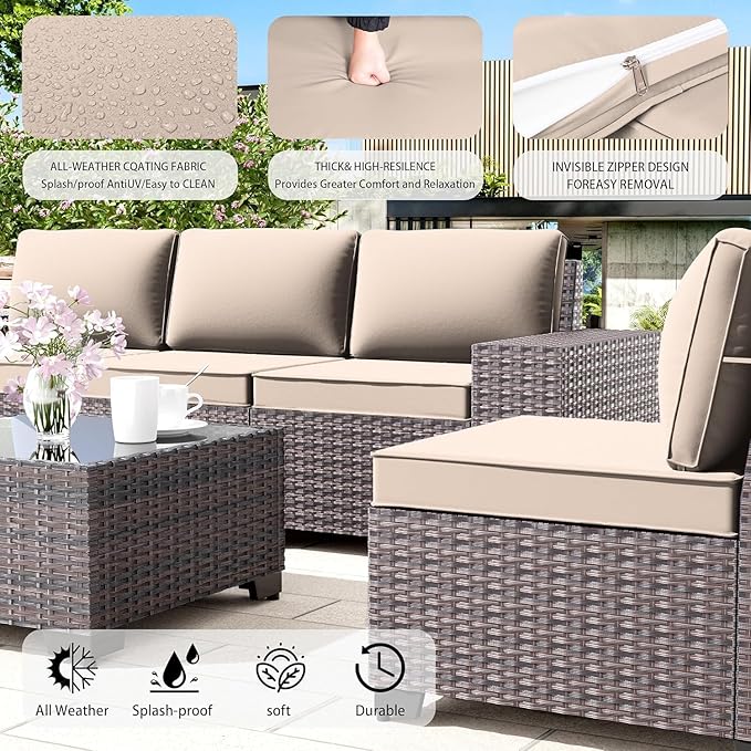6 PCS Outdoor Patio Furniture Set,Outdoor Sectional Furniture All Weather PE Rattan Wicker Patio Conversation Set with Coffee Table and 5 Thickened Cushions,Sand