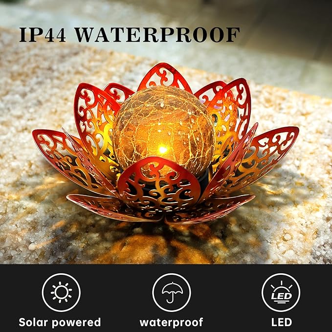 Solar Lights Outdoor Garden 6.3 " Glass Lotus Lamp Waterproof LED Metal Flower Lights Outdoor Garden Table Decor for Outside Balcony, Patio, Deck, Porch, Walkway