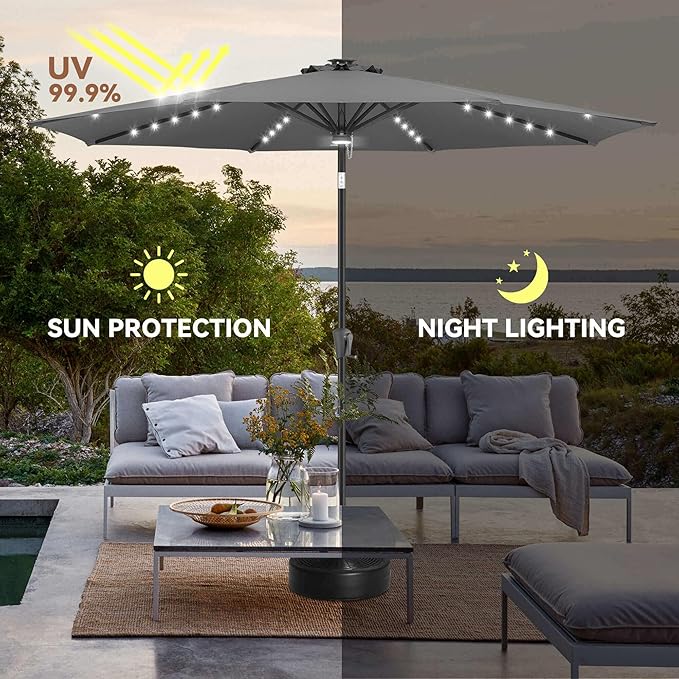 11ft Solar Umbrella Outdoor - Lighted Solar Patio Umbrella with 40 LED Lights Waterproof UV Protection, Table Umbrella with Tilt for Pool, Porch, Garden, Deck, Backyard - Anthracite