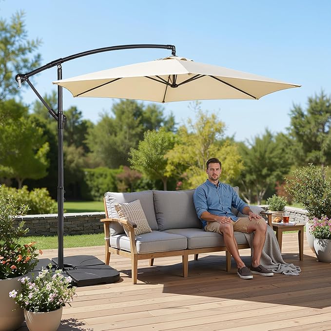 VINGLI 10 ft Cantilever Patio Umbrella, Offset Cantilever Outdoor Umbrella with Solar Lights, Easy Crank & Tilt Adjustment for Backyard, Poolside, Deck