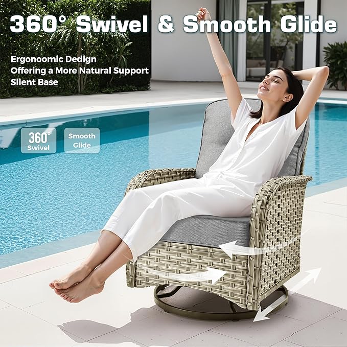 Outdoor Swivel Rocker Patio Chairs with Side Table,Wicker Swivel Rocking Chair Set of 2,3PCS High Back Wicker Patio Furniture Set Glider Chairs for Porch, Balcony, Deck and Yard,Grey