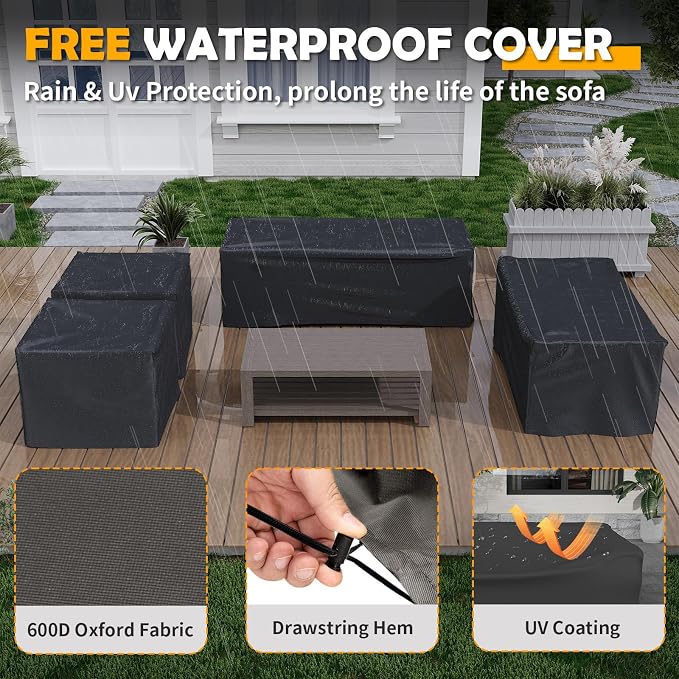 Amopatio Aluminum Patio Furniture Set, 8 Pieces Modern Metal Outdoor Furniture, Faux Wood Grain Finish Frame Patio Sofa Sets with 6" Cushion for Backyard, Dark Grey (Included Waterproof Covers)