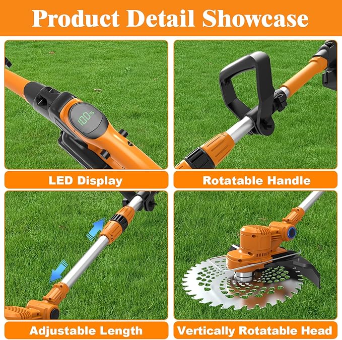 Electric Weed Wacker, Cordless Weed Eater Battery Powered, 5-in-1 String Trimmer Weedeater, 750W Brushless Motor, 2 x 4.0Ah Batteries & Charger, Grass Trimmer/Brush Cutter for Garden Lawn(Orange)
