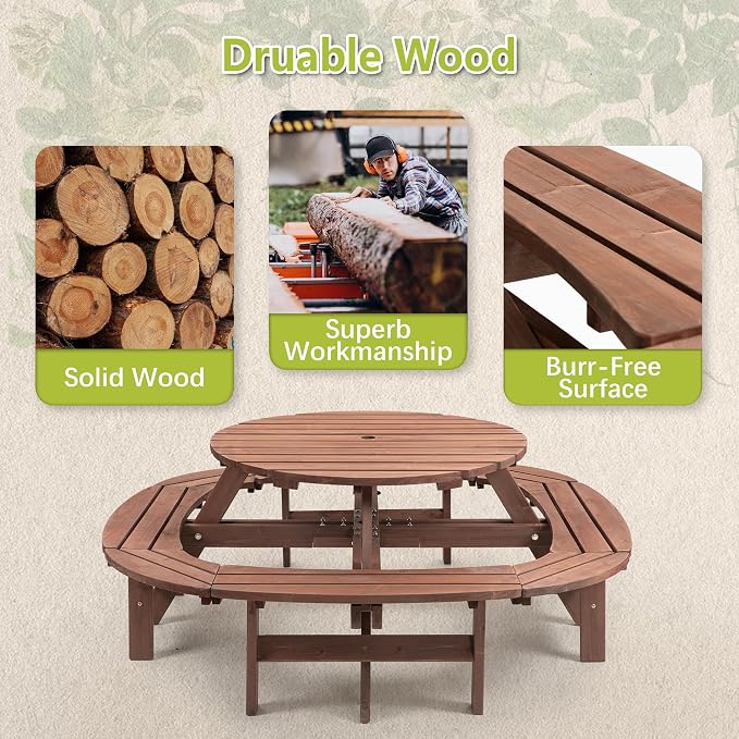 8-12 Person Outdoor Round Wooden Picnic Table with 8 Built-in Benches, Umbrella Hole, Outside Table and Bench Set for Garden, Backyard, Porch, Patio and Deck