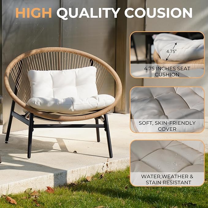 Grand patio Oversized Outdoor Chairs Set of 2, Wicker Patio Chairs with Beige Cushion, Outdoor Furniture Set for Porch Balcony Deck Garden