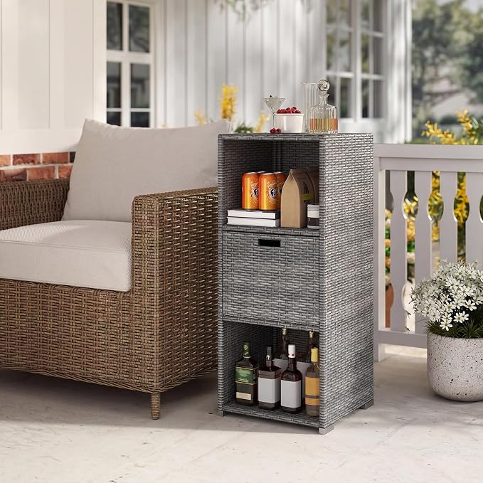 Tangkula Rattan Outdoor Storage Cabinet, Patiojoy Outdoor Wicker Cabinet with 3 Shelves, 1 Removable Drawer, Patio Storage Deck Box for Backyard Poolside Porch