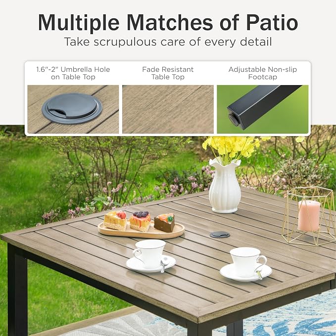 PHI VILLA 5 Piece Patio Dining Set, 42'' Wooden Texture Metal Table with Umbrella Holes and 4 High Back Fixed Chairs All Weather Outdoor Table and Chairs Set for Deck Garden Yard