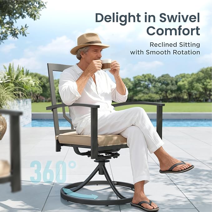 PHI VILLA 9 Pcs Outdoor Dining Set& Square Wood-Like Wrought Iron Table | Swivel Metal Steel Chairs, Large Outside Furniture Set for Patio, Porch, Deck, Backyard