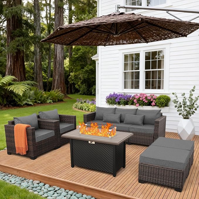 6 Pieces Outdoor Furniture 60000BTU Outdoor Propane Fire Pit Wicker Patio Furniture Set 45" Steel Fire Table Anti-Slip Cushions Waterproof Covers, Dark Grey