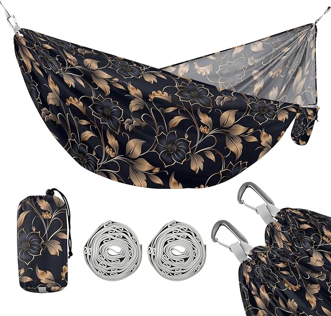 Camping Hammock Outdoor Hammocks for Outside Navy Gold Flower Beach Trees Portable Lightweight with Pockets Tree Straps Indoor
