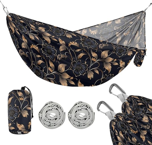 Camping Hammock Outdoor Hammocks for Outside Navy Gold Flower Beach Trees Portable Lightweight with Pockets Tree Straps Indoor