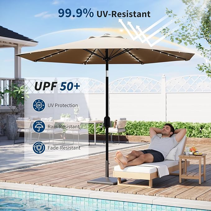 9FT Outdoor Patio Umbrella, 8 Ribs Market Table Umbrella with Solar Light & Tilt & Crank, UV-Resistant Waterproof for Pool, Deck, Backyard, Tan