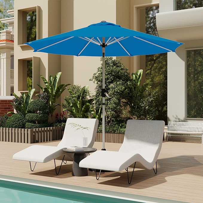 9FT Aluminum Outdoor Patio Umbrella, Fade-Resistant Market Umbrella with Push Button Tilt Function, 8 Sturdy All-Aluminum Ribs for Gardens, Patios, Backyards & Pools