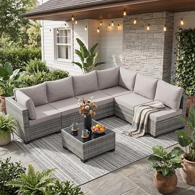 ANJ 7 Piece Outdoor Wicker Patio Furniture Set, Modular Loveseat Sofa with with Glass Top Coffee Table, All-Weather Rattan Conversation Couch Set for Balcony, Backyard, Light Grey Wicker-Grey
