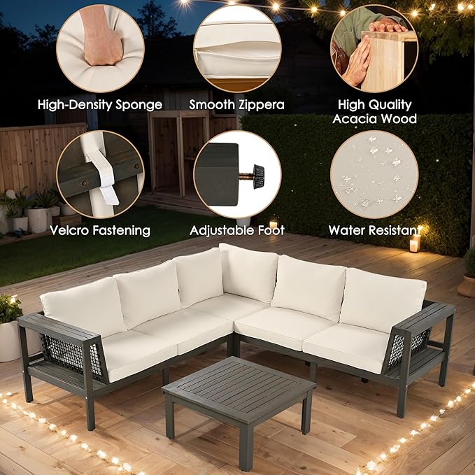 Merax 4 Pieces Patio Furniture Set, Outdoor L-Shaped Sectional Sofa Set with Coffee Table, Acacia Wood Conversation Seating & Thick Cushions and Side Table, for Garden, Poolside and Backyard, Beige