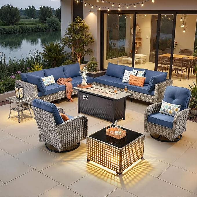11 Pieces Outdoor Sectional Patio Furniture Set with 54" Fire Pit,Wicker Conversation Sets Rattan L Shaped Couch Swivel Rocking Chairs,Modular Outdoor Sofa for Porch Balcony Backyard Blue