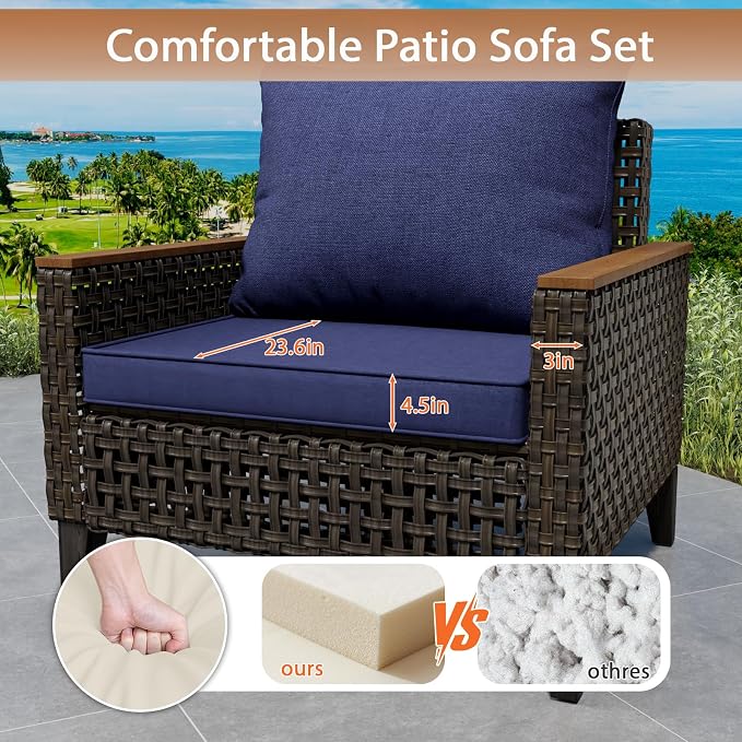 7 Piece Patio Sectional Sofa Furniture Set, All-Weather Wicker Rattan Outdoor Conversation Set with High Back and Hick Cushions, for Garden, Porch, Poolside, Blue