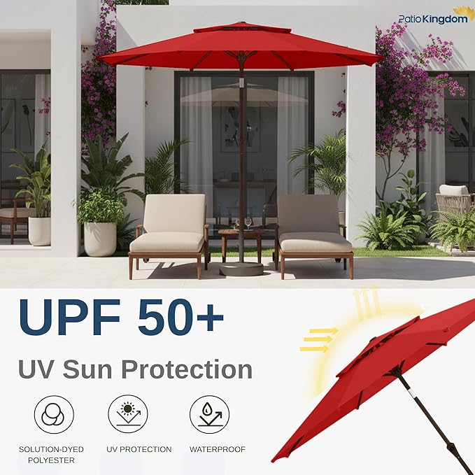 9FT Patio Umbrella 2-Tier Outdoor Market Table Umbrella with Push-Button Tilt & Crank | UPF 50+ & Waterproof for Backyard,Garden,Pool,Deck(Red)