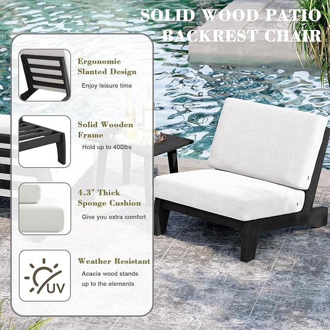 UIXE Black Wood Patio Furniture Sets, 4 Pieces All Weather Outdoor Sectional Futniture Patio Sofa Chair Backyard Conversation Set with Solid Wooden Coffee Table - Beige