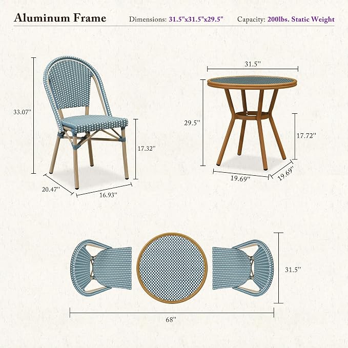 PURPLE LEAF 3-Piece French Bistro Dining Set Round Outdoor Patio Table and 2 Armless Chairs Tempered Glass Top PE Rattan Champagne Print Finish Aluminum Frame Light Blue