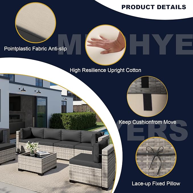 14-Piece Outdoor Patio Furniture Set, PE Wicker Rattan Sectional Sofa Conversation Set with Tempered Glass Table & Thick Cushions - All-Weather Garden, Backyard Furniture, Dark Grey