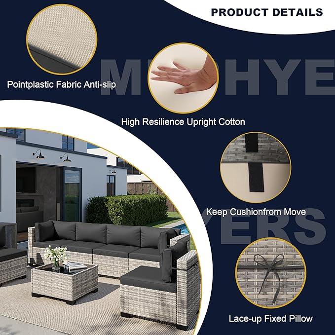 8-Piece Outdoor Patio Furniture Set with 55,000 BTU Fire Pit Table, PE Wicker Rattan Sectional Sofa Conversation Set - All-Weather Garden, Backyard Furniture, Dark Grey