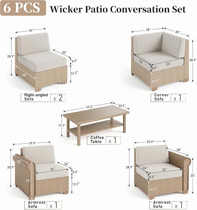 Patio Furniture Set 6 Piece, Wicker Rattan Sectional Sofa Couch with 5.5" Thick Waterproof Cushion and Coffee Table, L Shape All Weather Outdoor Conversation Set for Lawn Backyard Deck, Beige