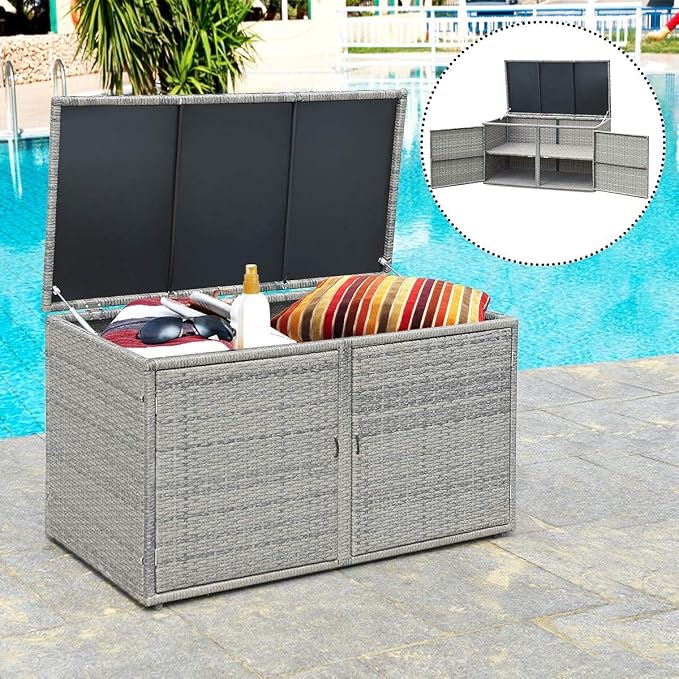Rattan Storage Box w/2 Shelves, Wicker Storage Bench w/Lid & 2 Openable Doors, Rattan Cabinet Furniture Deck Box, Toys & Tools Cabinets for for Patio, Garden, Balcony, Porch, Yard (Color Gray)