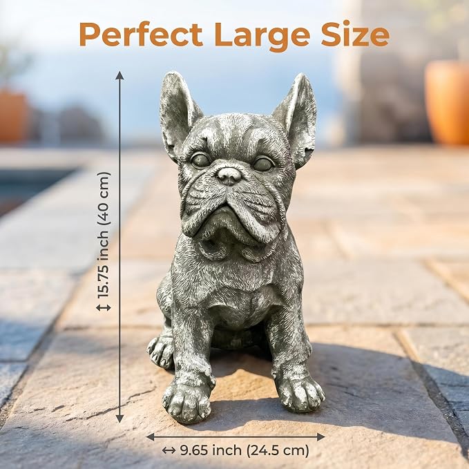 French Bulldog Statue, Grey, 16" Large Dog Garden Sculpture | Weatherproof Resin, Stone Effect, Realistic Frenchie Figurine, Outdoor Yard Patio Lawn Porch Decor