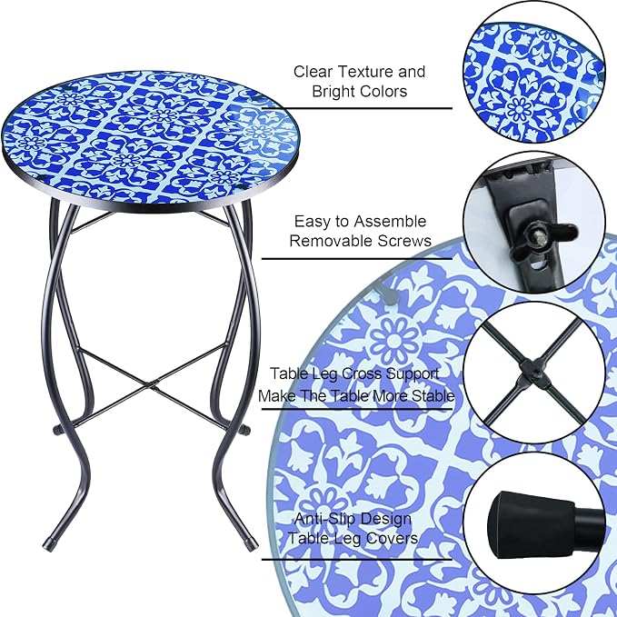 Arbuxzuy 2PCS 12 Inch Small Outdoor Side Table with Blue-White Mosaic, Glass Mosaic Patio Table Indoor, Round Plant Coffee Table for Living Room, Balcony, Garden