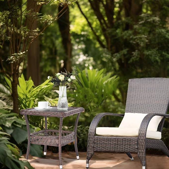 Outdoor Side Table Wicker Outdoor End Table for Patio Outside Brown Patio Coffee Square Tables with Storage & Glass Top for Backyard Porch