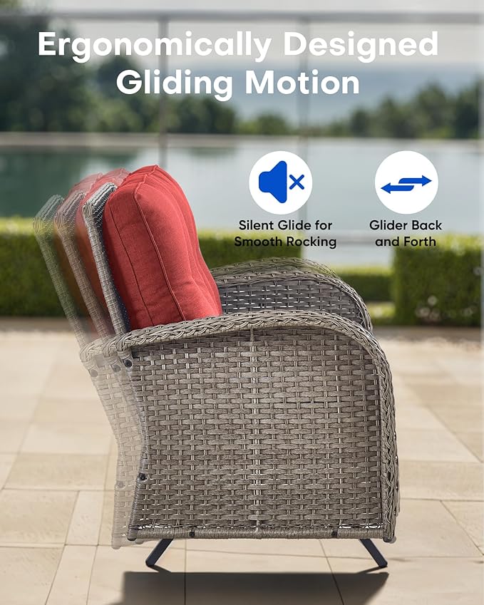 5 Pieces Patio Furniture Set-Outdoor Rocking Chairs Set of 2 Outdoor Glider Bench with Wicker Outdoor Coffee Table for Deck Lawn Porch Balcony Poolside-Grey/Red