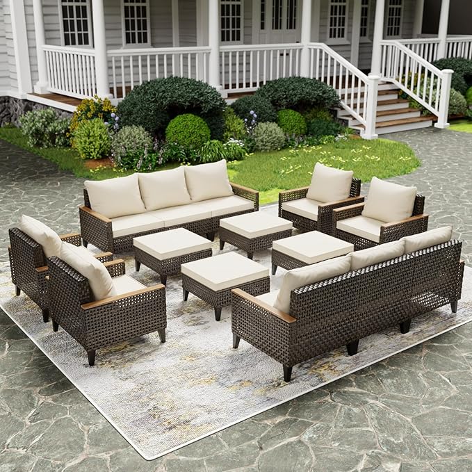 14 Piece Patio Furniture Set, All-Weather Wicker Rattan Outdoor Sectional Sofa Set with High Back and Thick Cushions, Large Conversation Set for Garden, Porch, Poolside, Beige