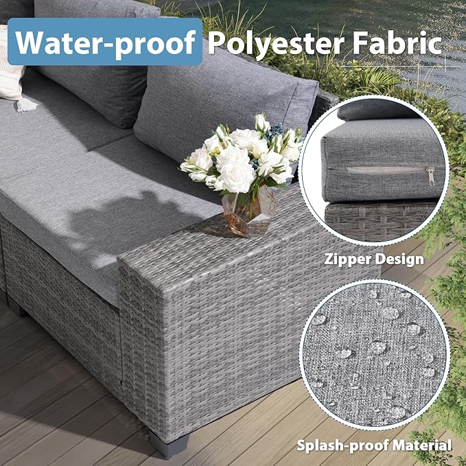 JOIVI 7-Piece Outdoor Set with Fire Pit Table - Versatile Wicker Sofa Set Arrangement with Blue Glass Beads & Safety Features, 2 Color Cushion Covers Available, Ideal for Outdoor Entertainment
