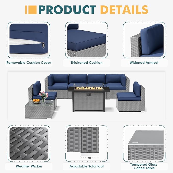 8 Pieces Outdoor Patio Furniture Set with 45” Propane Gas Firepit Table, Grey Wicker Patio Sectional Sofa Set, Outdoor Couch with Cushion and Tempered Glass Table, Dark Blue