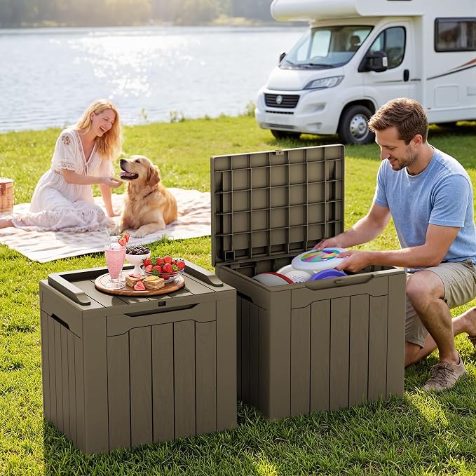 GUNJI 30 Gallon Small Deck Box Outdoor Waterproof Resin Storage Box Lockable Storage Container Outside Package Delivery Box 2 Packs (Beige, 2 Packs)