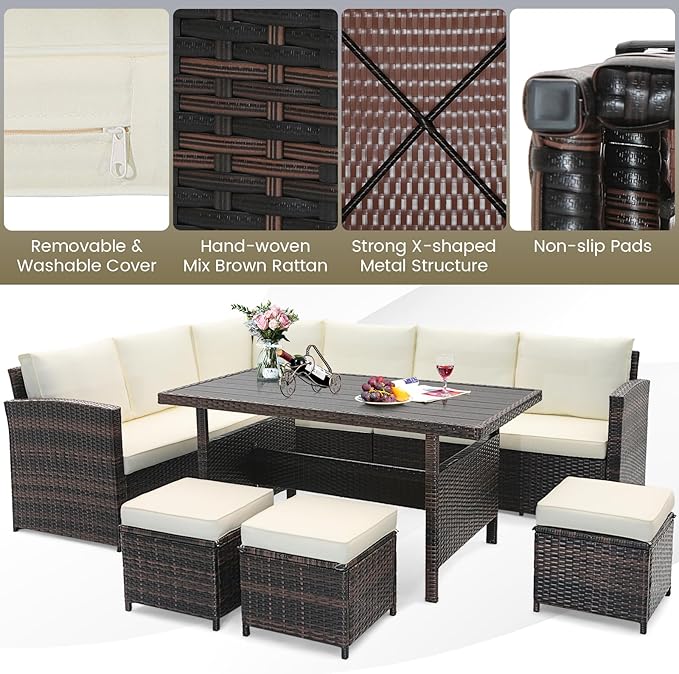 KOTEK 7 Pieces Patio Furniture Set, Wicker Outdoor Conversation Set with Dining Table & Ottomans, PE Rattan Outdoor Sectional Sofa Set for Backyard, Deck, Poolside (Off White)
