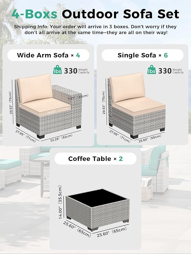 12 Piece Outdoor Wicker Rattan Sectional Sofa Set, 10-Seats Patio Furniture Conversation Set with 4" Thickened Cushions & Coffee Table, All-Weather PE Rattan for Garden, Backyard, Porch, Beige