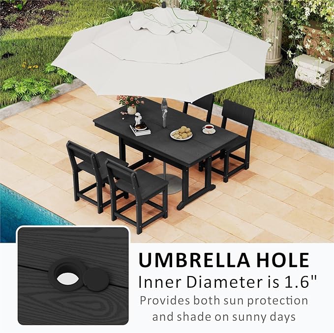 5-Piece HDPE Outdoor Patio Dining Set,Modern Plastic Dining Sets，Patio Table and Chairs Set with Umbrella Hole Cut-Out Table and 4 Chairs Black