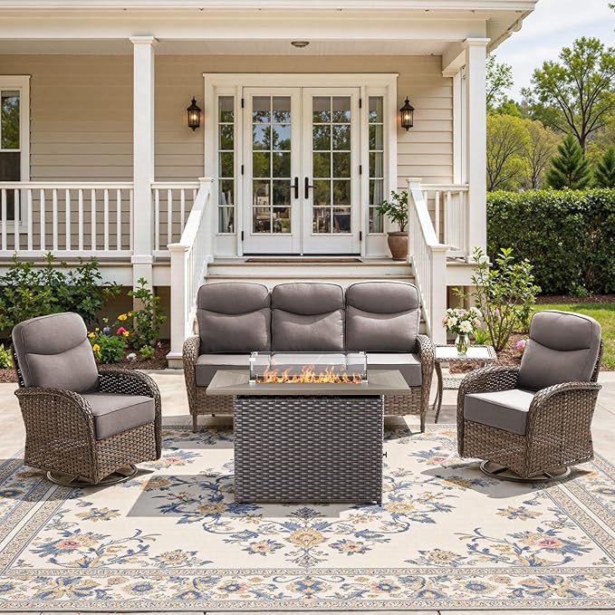 5-Piece Luxury Patio Furniture Set with 6-Inch Thick Cushions, High-Back Outdoor Swivel Rocker Chairs & Wicker 42" Fire Pit, All-Weather Conversation Set for Porch, Deck, Balcony or Backyard – Gray