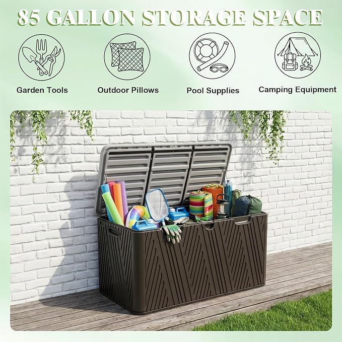 BPS 85 Gallon Resin Deck Box, Outdoor Storage Box Waterproof & Weather-Resistant Lockable, Large Patio Storage Container for Cushions, Garden Tools