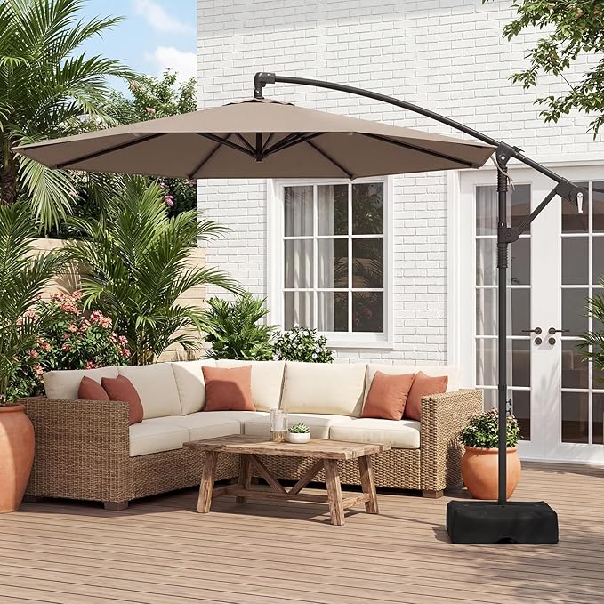 Tangkula 10ft Patio Umbrella with Base Included, Offset Cantilever Outdoor Umbrella with 360 Degree Rotation, 2 Sandbags, Crank Handle for Pool Deck Garden Backyard