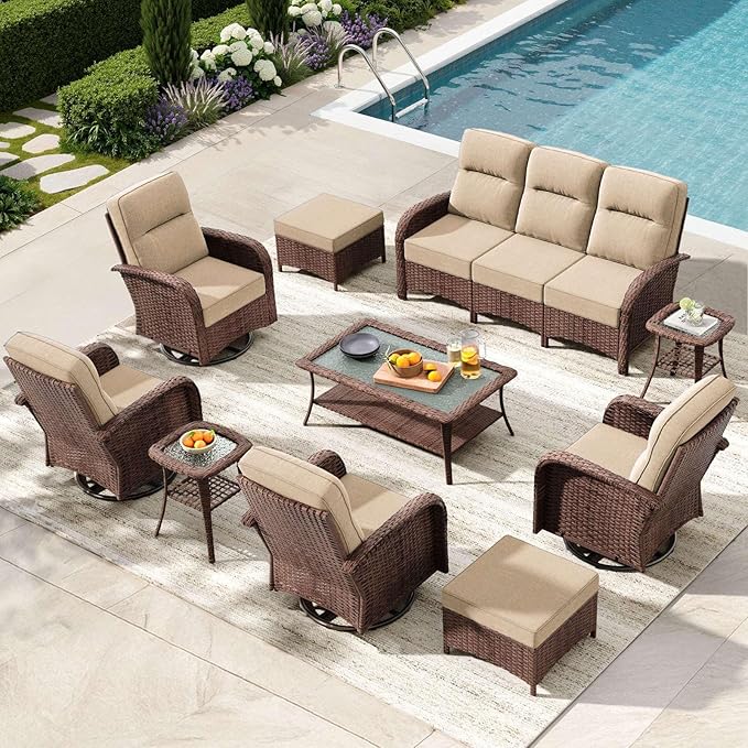 10-Piece Patio Furniture Set with 6-Inch Thick Cushions, High Back Outdoor Couch and Swivel Rocker Chairs, All-Weather Conversation Set for Porch, Deck, Yard, Pool in Beige