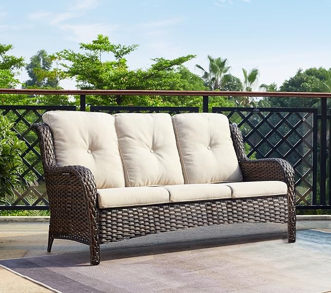 Rilyson Outdoor Couch Wicker Patio Sofa - 3 Seat Rattan Sofa with Deep Seating and Comfortable Cushions for Outside Porch Deck Balcony Garden(Brown/Beige)