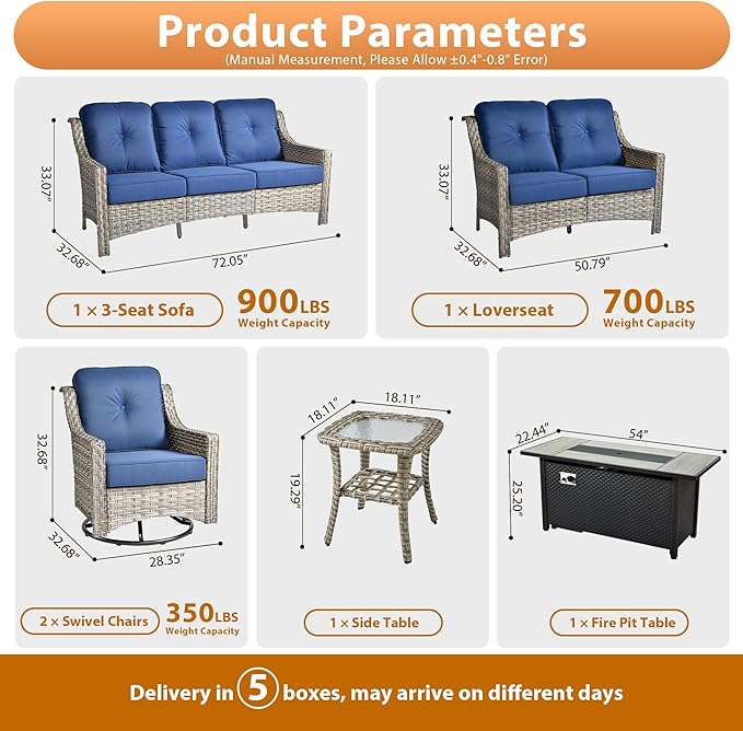 6 PCS Outdoor Patio Furniture Sets,Patio Conversation Sets Outside Rattan Soft Cushion Sofa with 2 Wicker Rocking Chairs & 54 in Fire Pit Table Fit Backyard Porch Garden Poolside Balcony,Navy Blue