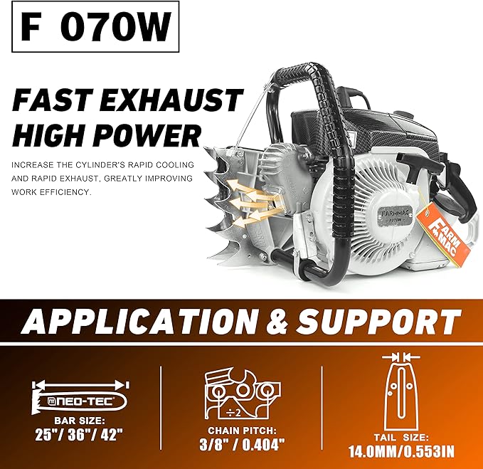 F070W Gas Chainsaw Powerhead NEOTEC Chainsaw 105cc 2-Cycle Gasoline Power Chain Saws 4.8KW 6.4HP Fit for 36 and 42 inch Bar All Parts Compatible with MS070 090 Neotec NS8105 without Bar