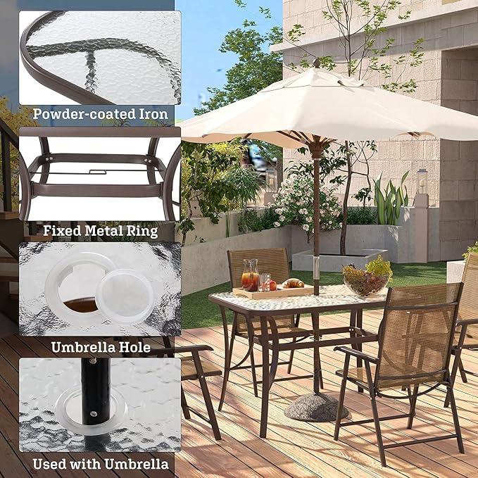 SogesPower Outdoor Tempered Glass Table Patio Dining Table with Umbrella Hole Steel Frame 47 inch Brown