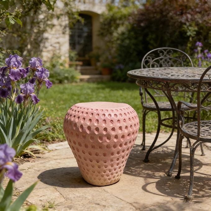 14'' Garden Fruit Design Stool, Decorative Patio Side Tables for Outside / Indoor, Drum Table & Plant Stands Stools for Patio Balcony Living Room, Home Decor, Weather-Resistant (Pink, Strawberry)