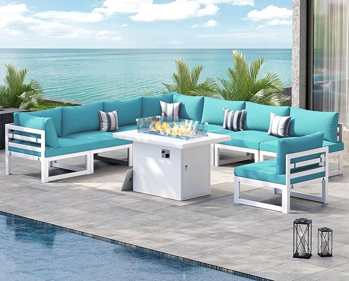 NICESOUL 9 Piece L-Shaped Contemporary Aluminum Outdoor Furniture Set with Firepit, 29" Deep Wide Large Couch Set, 500 lbs High Weight Capacity Modular Patio Sectional Sofa for Garden Terrace, Teal
