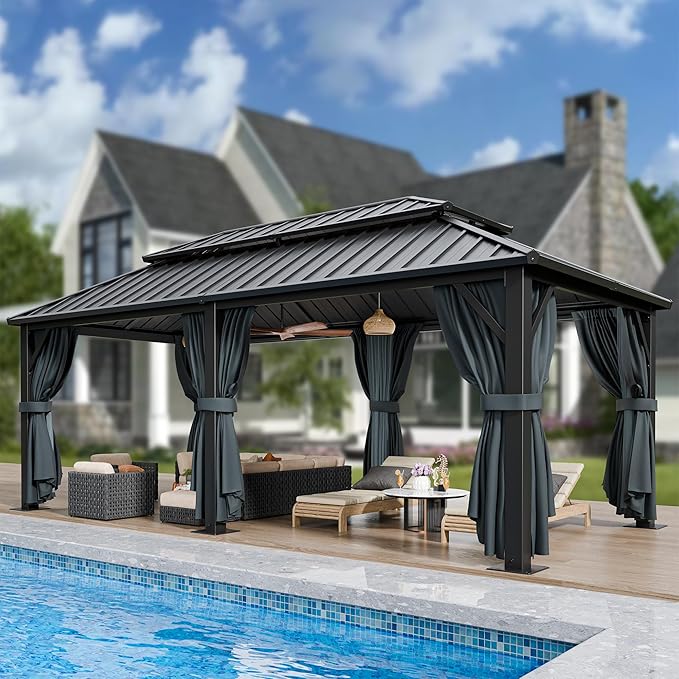 HOTEEL 12x20 Hardtop Gazebo on Clearance with Metal Roof, Heavy Duty Galvanized Steel Patio Hot tub Hard Top Gazebos with Reinforced Frame, with Privacy Curtains and Netting, for Backyard, Black